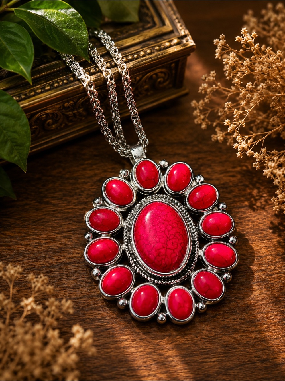 🌺 Red Howlite Stone Burst Statement Necklace • Bold Southwestern Style Pendant